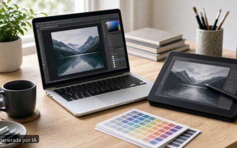 Mejor portátil Photoshop 2026 — escena fotográfica realista, imagen generada por IA
