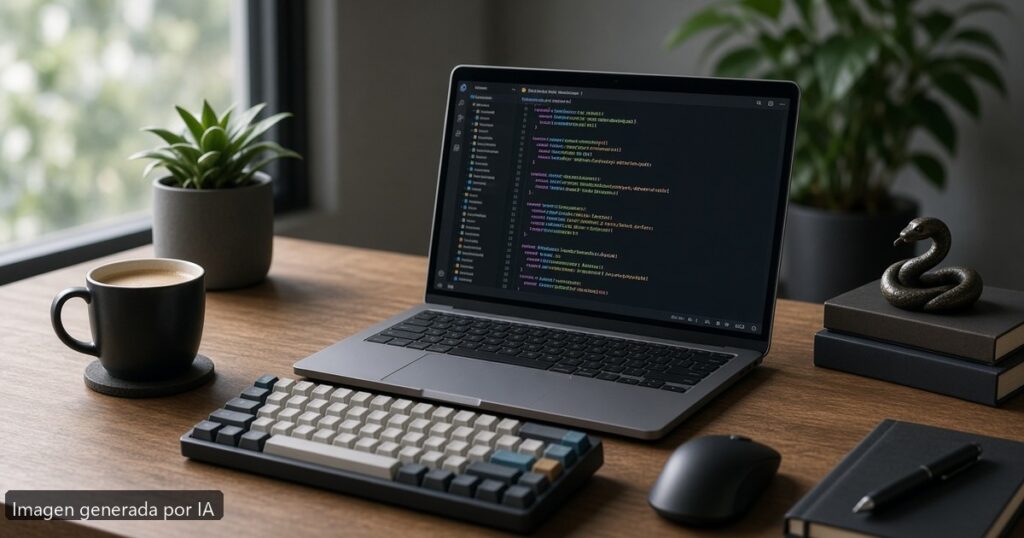 Mejor portátil programar Python 2026 — escena fotográfica realista, imagen generada por IA