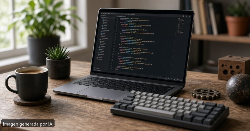 Mejor portátil para programar Rust 2026 — escena fotográfica realista, imagen generada por IA