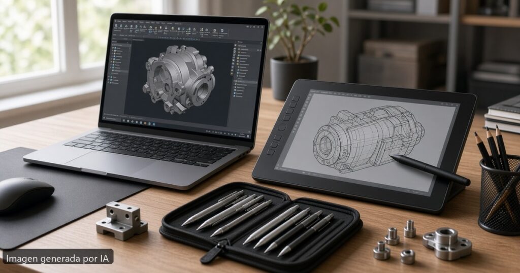 Mejor portátil SolidWorks estudiante 2026 — escena fotográfica realista, imagen generada por IA