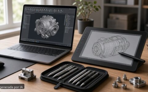 Mejor portátil SolidWorks estudiante 2026 — escena fotográfica realista, imagen generada por IA