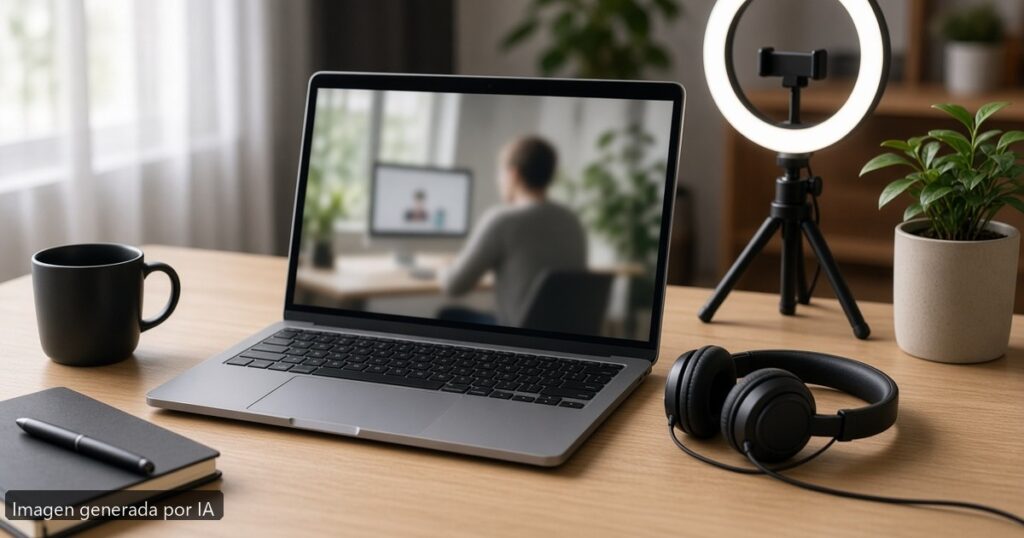 Mejor portátil teletrabajo videollamadas 2026 — escena fotográfica realista, imagen generada por IA