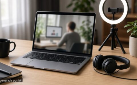 Mejor portátil teletrabajo videollamadas 2026 — escena fotográfica realista, imagen generada por IA