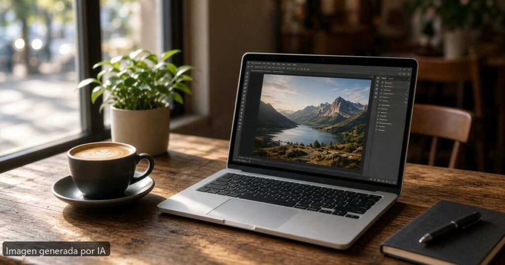 Mejor portátil trabajar desde cafetería — escena fotográfica realista, imagen generada por IA