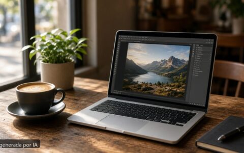 Mejor portátil trabajar desde cafetería — escena fotográfica realista, imagen generada por IA