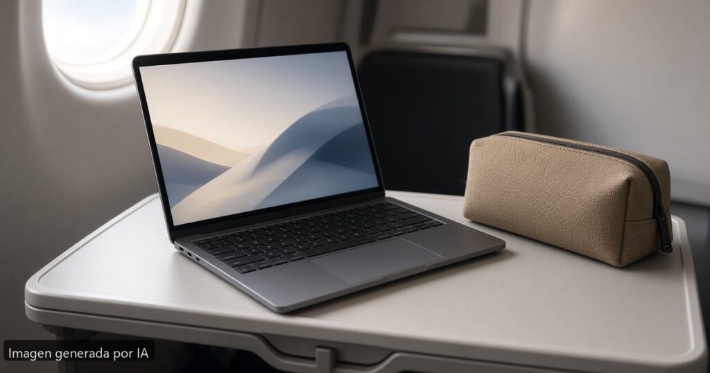 Mejor portátil viaje avión 2026 — escena fotográfica realista, imagen generada por IA