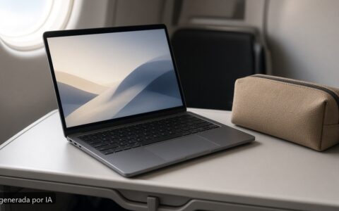Mejor portátil viaje avión 2026 — escena fotográfica realista, imagen generada por IA