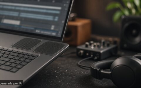 Portátil altavoces no suena — escena fotográfica realista, imagen generada por IA