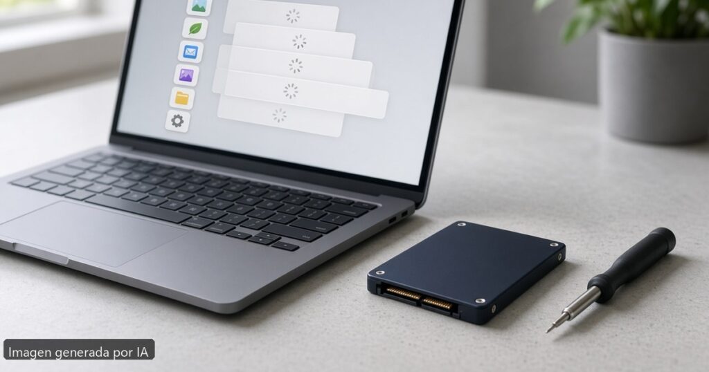 Portátil apps abren lento con SSD — escena fotográfica realista, imagen generada por IA
