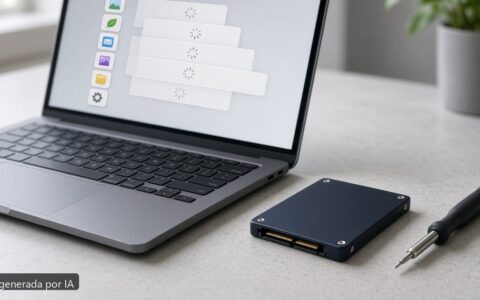 Portátil apps abren lento con SSD — escena fotográfica realista, imagen generada por IA