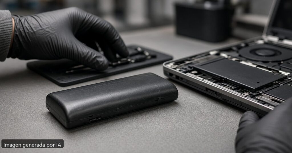 Portátil batería hinchada peligro — escena fotográfica realista, imagen generada por IA