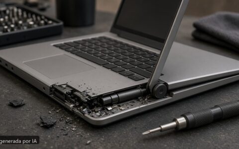 Portátil bisagra rota reparar — escena fotográfica realista, imagen generada por IA