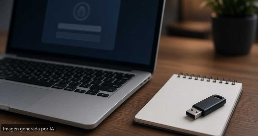 Portátil BitLocker pide clave — escena fotográfica realista, imagen generada por IA