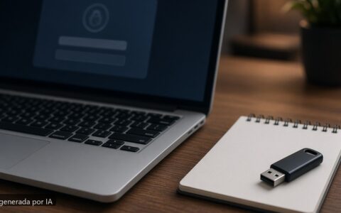 Portátil BitLocker pide clave — escena fotográfica realista, imagen generada por IA