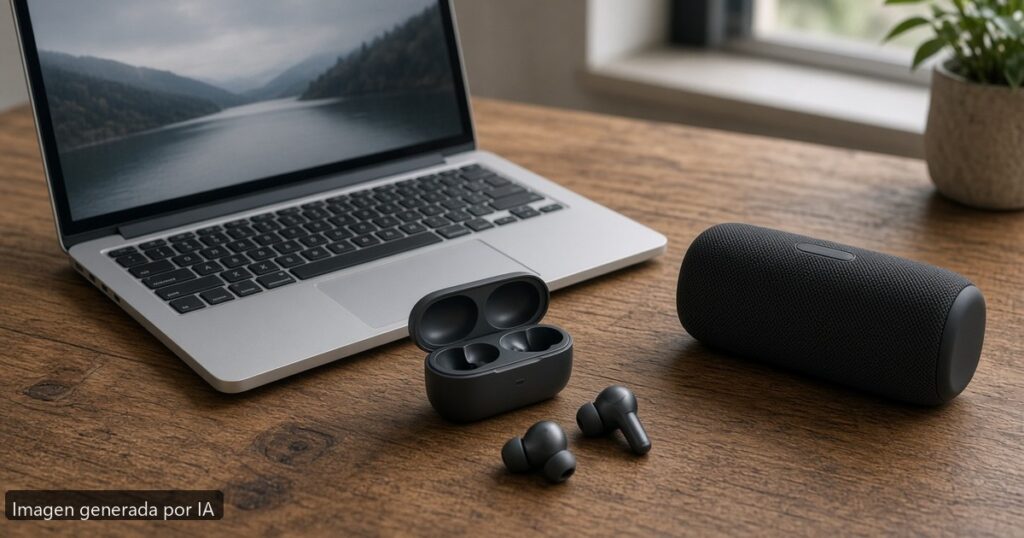 Portátil Bluetooth audio se corta — escena fotográfica realista, imagen generada por IA