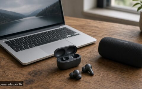 Portátil Bluetooth audio se corta — escena fotográfica realista, imagen generada por IA