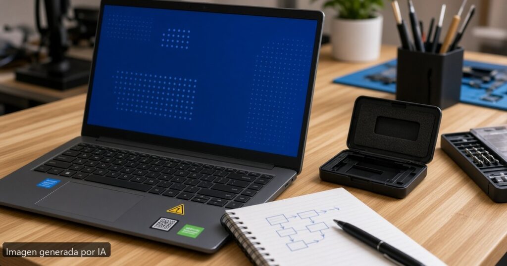Portátil BSOD MEMORY MANAGEMENT — escena fotográfica realista, imagen generada por IA