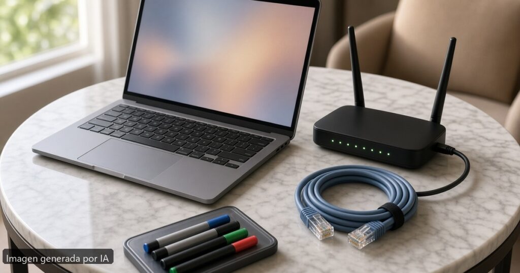 Portátil captive portal WiFi hotel — escena fotográfica realista, imagen generada por IA