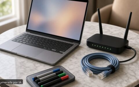 Portátil captive portal WiFi hotel — escena fotográfica realista, imagen generada por IA