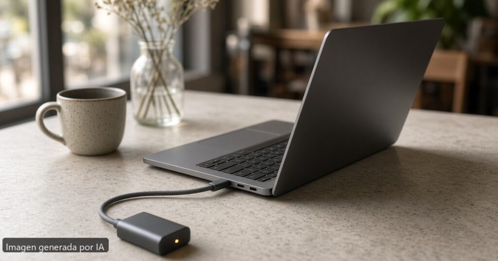 Portátil carga lenta USB-C — escena fotográfica realista, imagen generada por IA