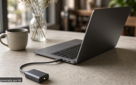 Portátil carga lenta USB-C — escena fotográfica realista, imagen generada por IA