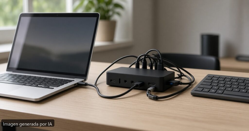 Portátil dock Thunderbolt falla — escena fotográfica realista, imagen generada por IA