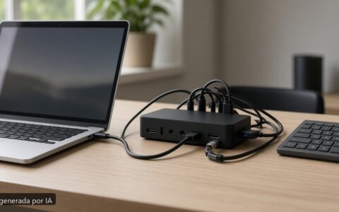 Portátil dock Thunderbolt falla — escena fotográfica realista, imagen generada por IA