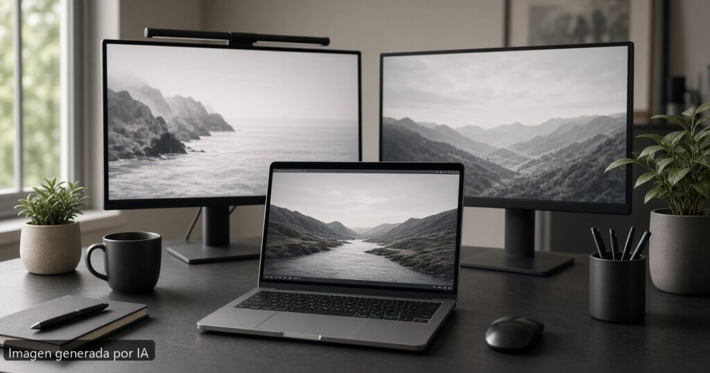 Portátil dos monitores externos — escena fotográfica realista, imagen generada por IA