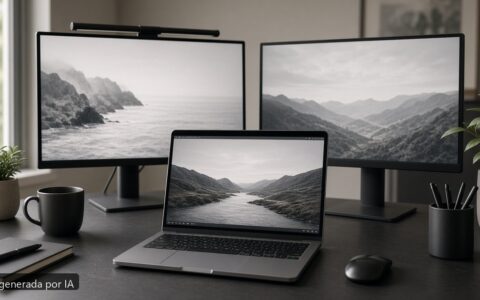 Portátil dos monitores externos — escena fotográfica realista, imagen generada por IA