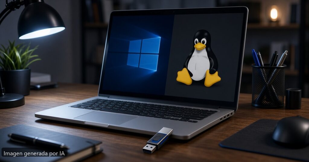 Dual boot Windows Linux portátil — escena fotográfica realista, imagen generada por IA