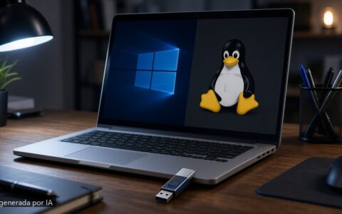 Dual boot Windows Linux portátil — escena fotográfica realista, imagen generada por IA