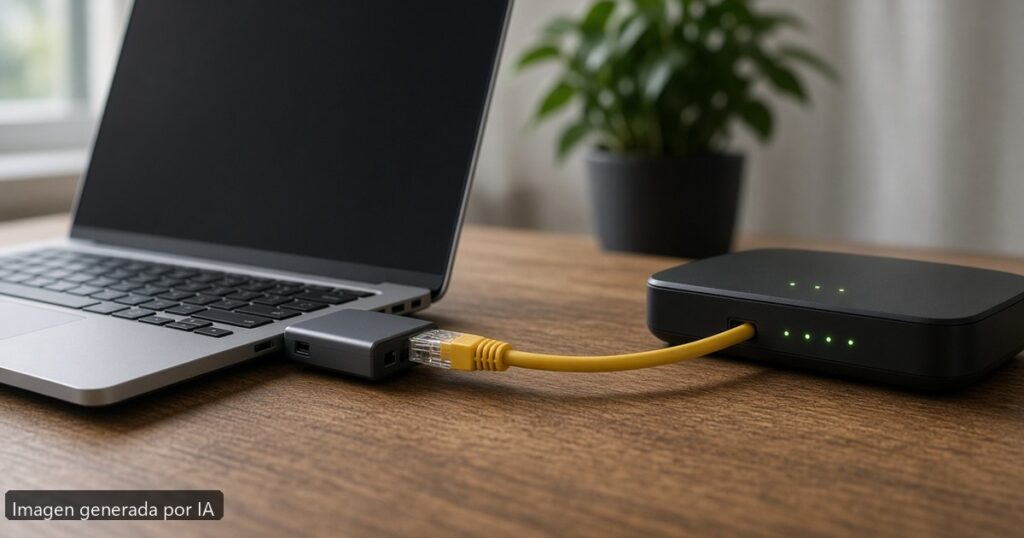 Portátil ethernet no funciona — escena fotográfica realista, imagen generada por IA