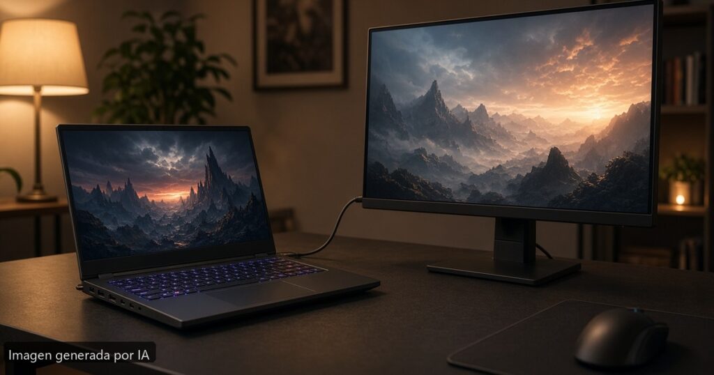 Portátil gaming conectar monitor 144 Hz — escena fotográfica realista, imagen generada por IA