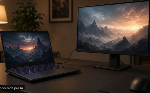 Portátil gaming conectar monitor 144 Hz — escena fotográfica realista, imagen generada por IA