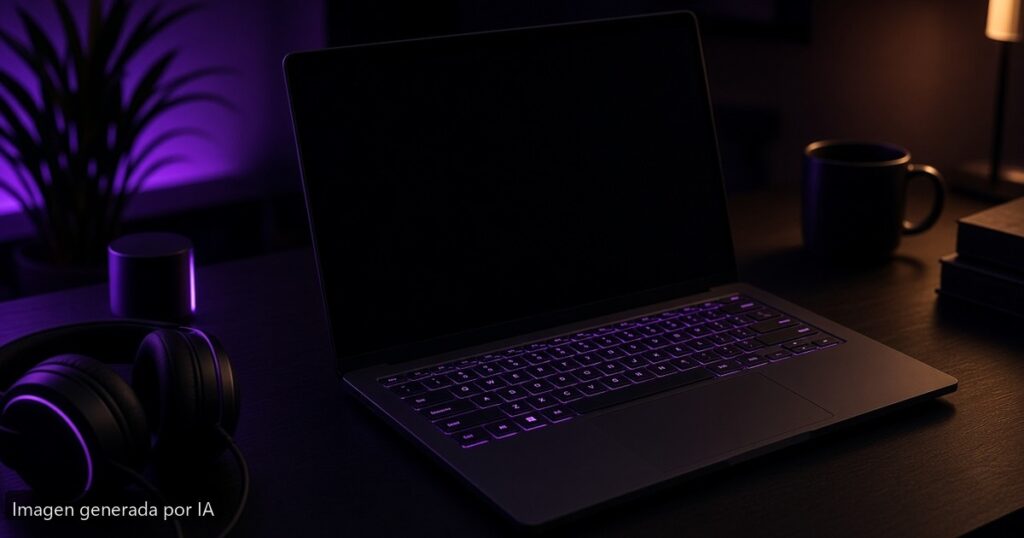 Portátil gaming pantalla negra en juego — escena fotográfica realista, imagen generada por IA