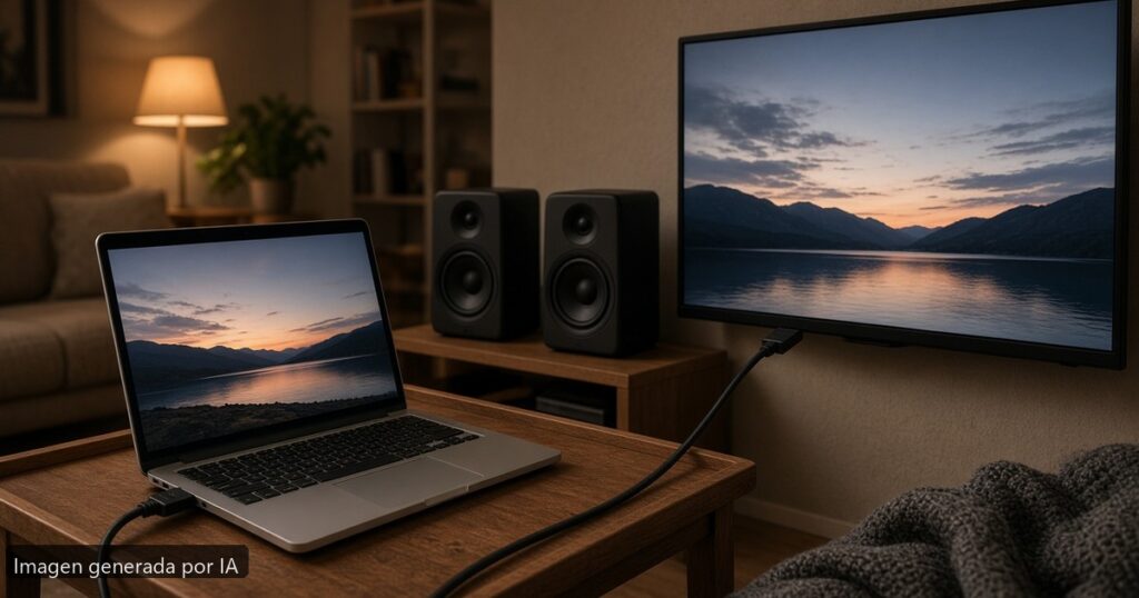 Portátil HDMI audio no funciona — escena fotográfica realista, imagen generada por IA