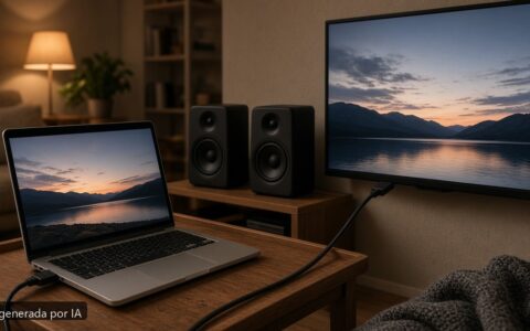Portátil HDMI audio no funciona — escena fotográfica realista, imagen generada por IA