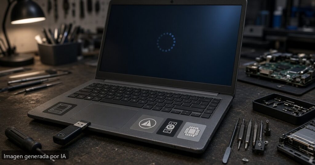 Portátil inaccessible boot device — escena fotográfica realista, imagen generada por IA