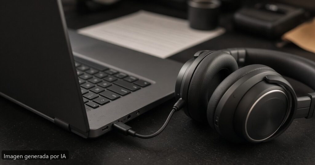 Portátil jack auriculares no funciona — escena fotográfica realista, imagen generada por IA