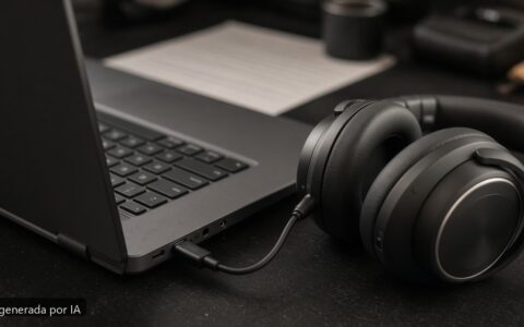 Portátil jack auriculares no funciona — escena fotográfica realista, imagen generada por IA