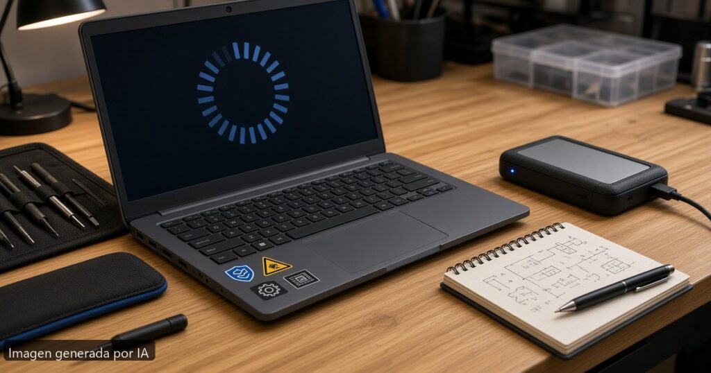 Portátil KERNEL SECURITY CHECK FAILURE — escena fotográfica realista, imagen generada por IA