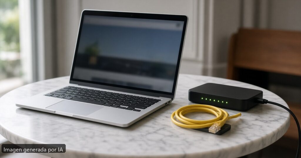 Portátil no conecta WiFi público — escena fotográfica realista, imagen generada por IA