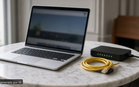 Portátil no conecta WiFi público — escena fotográfica realista, imagen generada por IA