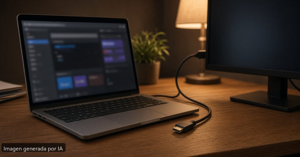 Portátil no detecta segundo monitor — escena fotográfica realista, imagen generada por IA