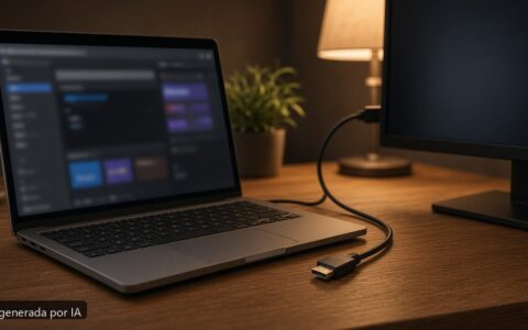 Portátil no detecta segundo monitor — escena fotográfica realista, imagen generada por IA
