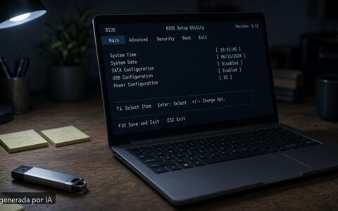 Portátil no entra BIOS — escena fotográfica realista, imagen generada por IA