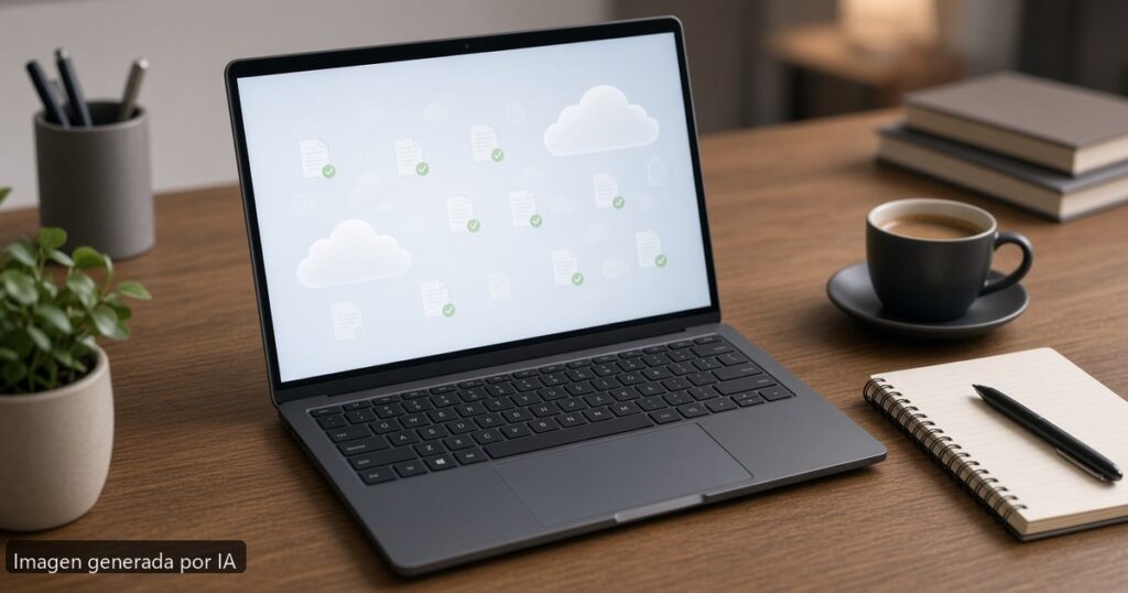 Portátil OneDrive archivos online only — escena fotográfica realista, imagen generada por IA