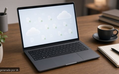 Portátil OneDrive archivos online only — escena fotográfica realista, imagen generada por IA