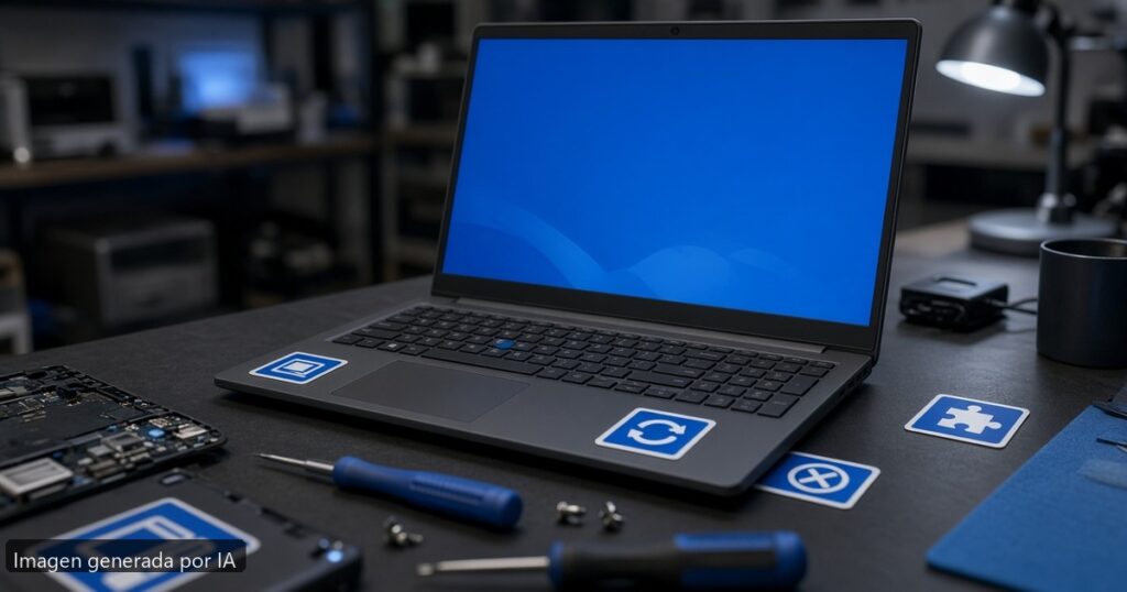 Pantalla azul Windows portátil — escena fotográfica realista, imagen generada por IA