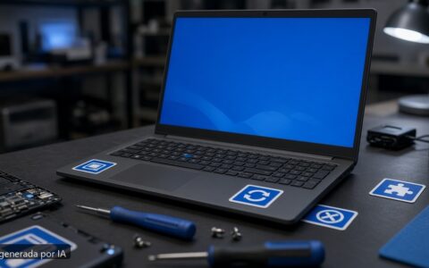 Pantalla azul Windows portátil — escena fotográfica realista, imagen generada por IA